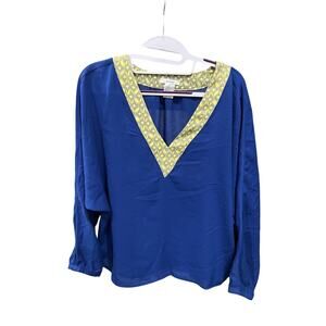 Esley‎ Top Small Royal Blue Blouse Lime Green Sheer Flowy